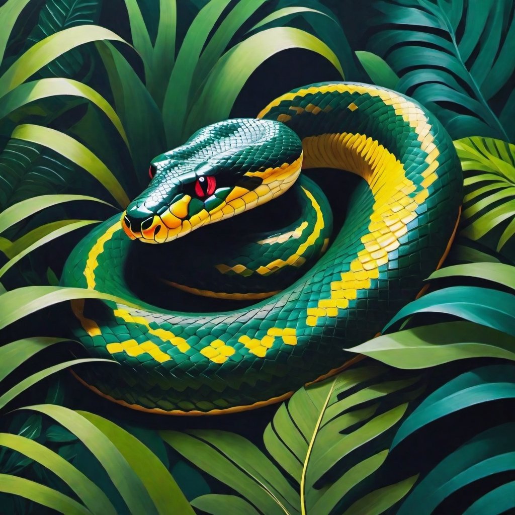 abstract style painting, anaconda snake in jungle brush stalking hunter, leonardo Style,Leonardo Style