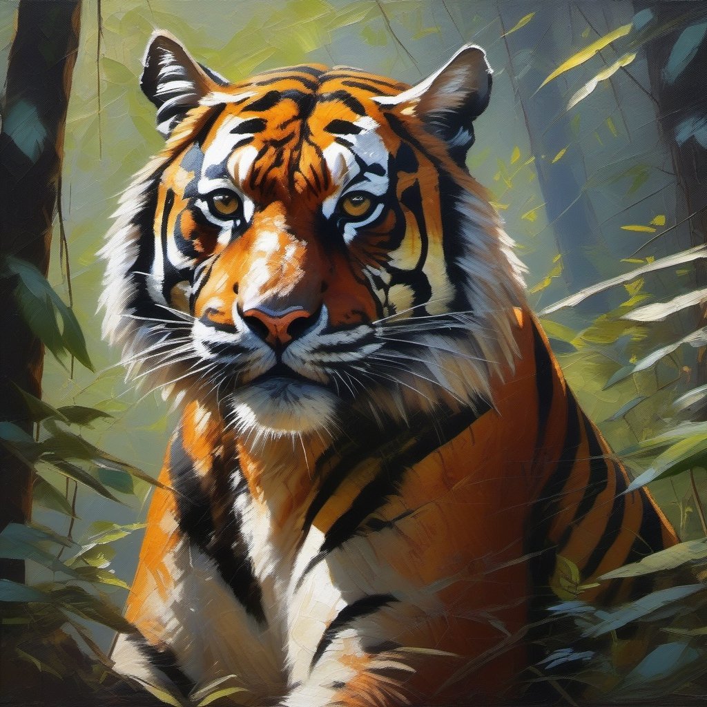 Palette knife oil painting , a sumatran tiger , in the forest , sun , beautiful , ultra clear, pretty , unreal engine 5 