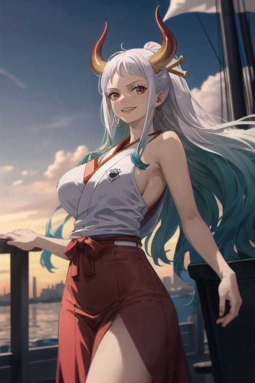 masterpiece, Yamato (One Piece anime), detailed face, beautiful girl, candid shot standing on a big ship, long white hair, red eyeballs, white color hair, green tosca white gradation hair, red horns, big and beautiful breasts, firm breasts, slim body, white Japanese dress, long red skirt, thin cheeks, smiling, perfect anatomy, hairstyle like Boa Hancock, background on a big ship, pirate ship, half body camera shot, 2D, CGI, highly detailed, isometric, excellent lighting, top quality, realistic, cinematic, professional photography, smooth, photorealistic, hyper realistic, 8k high resolution, intricate artwork, epic, highly detailed.,yamato\(one piece\),multicolored hair