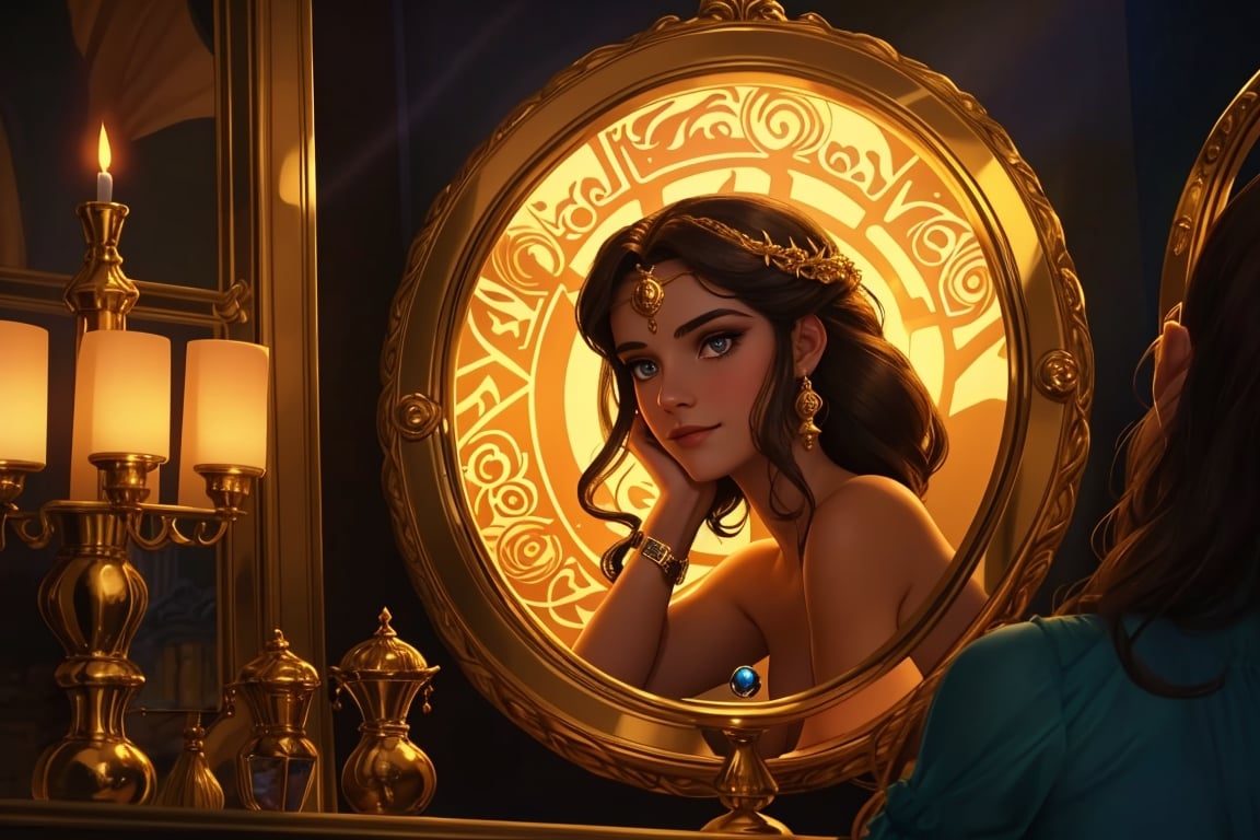 Ariadne (holds a mirror and watch her own face in the mirror:1.4) has her line cut inside the Minotaur maze:0.4, and she couldn't care less:0.2, for the only thing she wants is to admire her beautiful face and flawless skin in the pocked mirror:1.33, (holds a mirror, watches her face in the mirror):1.18, that she always brings with her. reaslitic mirror reflection of her face in accurate angle:1.22, real and reflected faces are very visible at viewer:1.15, dark fantasy, chiaroscuro but colorful, dramatic colors, mythological maze, awe and beauty, gods watch from sky, realistic holding a mirror movement, realistic admiring herself in the mirror movement, complex scene featuring Ariadne looking herself in the mirror with the minotaur maze around her and very farther the face of some powerful gods looking at her from the clouds masterpiece, ,photo r3al,Movie Still,Film Still,ColorART,Cinematic,Cinematic Shot,Cinematic Lighting,colorful,RING