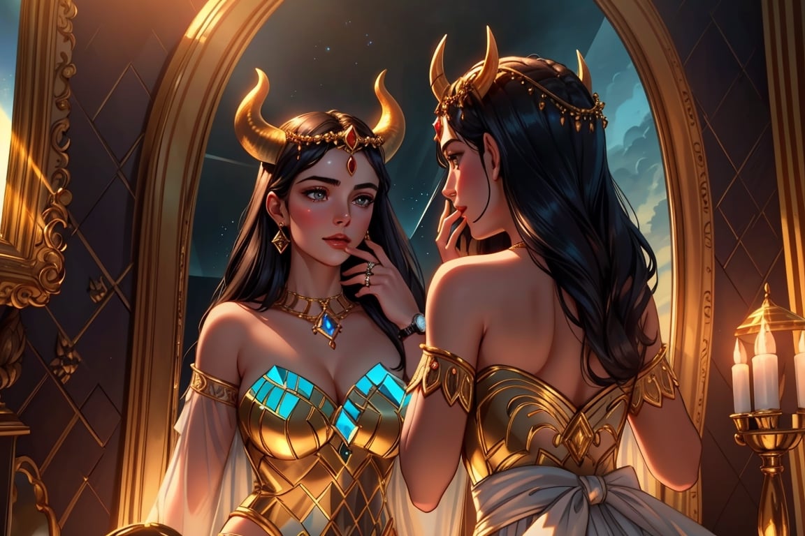 Ariadne (holds a mirror and watch her own face in the mirror:1.4) has her line cut inside the Minotaur maze:0.4, and she couldn't care less:0.2, for the only thing she wants is to admire her beautiful face and flawless skin in the pocked mirror:1.33, (holds a mirror, watches her face in the mirror):1.18, that she always brings with her. reaslitic mirror reflection of her face in accurate angle:1.22, real and reflected faces are very visible at viewer:1.15, dark fantasy, chiaroscuro but colorful, dramatic colors, mythological maze, awe and beauty, gods watch from sky, realistic holding a mirror movement, realistic admiring herself in the mirror movement, complex scene featuring Ariadne looking herself in the mirror with the minotaur maze around her and very farther the face of some powerful gods looking at her from the clouds masterpiece, ,photo r3al,Movie Still,Film Still,ColorART,Cinematic,Cinematic Shot,Cinematic Lighting,colorful,RING