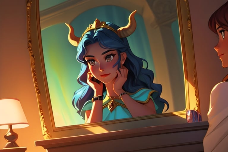 Ariadne (holds a mirror and watch her own face in the mirror:1.4) has her line cut inside the Minotaur maze:0.4, and she couldn't care less:0.2, for the only thing she wants is to admire her beautiful face and flawless skin in the pocked mirror:1.33, (holds a mirror, watches her face in the mirror):1.18, that she always brings with her. reaslitic mirror reflection of her face in accurate angle:1.22, real and reflected faces are very visible at viewer:1.15, dark fantasy, chiaroscuro but colorful, dramatic colors, mythological maze, awe and beauty, gods watch from sky, realistic holding a mirror movement, realistic admiring herself in the mirror movement, complex scene featuring Ariadne looking herself in the mirror with the minotaur maze around her and very farther the face of some powerful gods looking at her from the clouds masterpiece, ,photo r3al,Movie Still,Film Still,ColorART,Cinematic,Cinematic Shot,Cinematic Lighting,colorful,RING