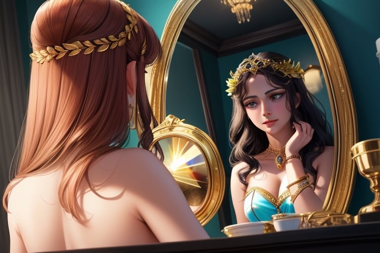 Ariadne (holds a mirror and watch her own face in the mirror:1.4) has her line cut inside the Minotaur maze:0.4, and she couldn't care less:0.2, for the only thing she wants is to admire her beautiful face and flawless skin in the pocked mirror:1.33, (holds a mirror, watches her face in the mirror):1.18, that she always brings with her. reaslitic mirror reflection of her face in accurate angle:1.22, real and reflected faces are very visible at viewer:1.15, dark fantasy, chiaroscuro but colorful, dramatic colors, mythological maze, awe and beauty, gods watch from sky, realistic holding a mirror movement, realistic admiring herself in the mirror movement, complex scene featuring Ariadne looking herself in the mirror with the minotaur maze around her and very farther the face of some powerful gods looking at her from the clouds masterpiece, ,photo r3al,Movie Still,Film Still,ColorART,Cinematic,Cinematic Shot,Cinematic Lighting,colorful,RING