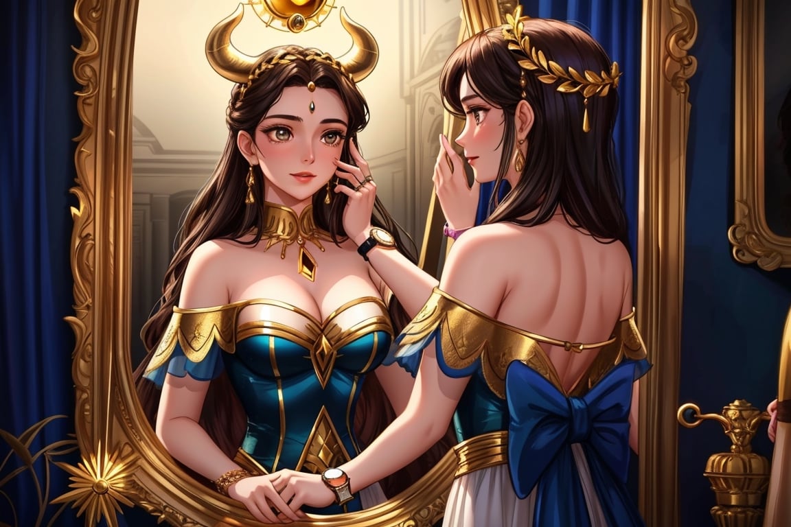 Ariadne (holds a mirror and watch her own face in the mirror:1.4) has her line cut inside the Minotaur maze:0.4, and she couldn't care less:0.2, for the only thing she wants is to admire her beautiful face and flawless skin in the pocked mirror:1.33, (holds a mirror, watches her face in the mirror):1.18, that she always brings with her. reaslitic mirror reflection of her face in accurate angle:1.22, real and reflected faces are very visible at viewer:1.15, dark fantasy, chiaroscuro but colorful, dramatic colors, mythological maze, awe and beauty, gods watch from sky, realistic holding a mirror movement, realistic admiring herself in the mirror movement, complex scene featuring Ariadne looking herself in the mirror with the minotaur maze around her and very farther the face of some powerful gods looking at her from the clouds masterpiece, ,photo r3al,Movie Still,Film Still,ColorART,Cinematic,Cinematic Shot,Cinematic Lighting,colorful,RING