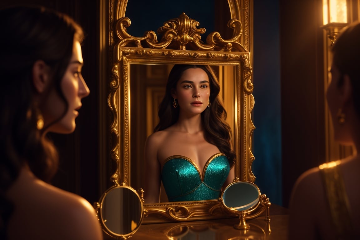 cinestill, Ariadne (holds a mirror and watch her own face in the mirror:1.4) has her line cut inside the Minotaur maze:0.4, and she couldn't care less:0.2, for the only thing she wants is to admire her beautiful face and flawless skin in the pocked mirror:1.33, (holds a mirror, watches her face in the mirror):1.18, that she always brings with her. reaslitic mirror reflection of her face in accurate angle:1.22, real and reflected faces are very visible at viewer:1.15, dark fantasy, chiaroscuro but colorful, dramatic colors, mythological maze, awe and beauty, gods watch from sky, realistic holding a mirror movement, realistic admiring herself in the mirror movement, complex scene featuring Ariadne looking herself in the mirror with the minotaur maze around her and very farther the face of some powerful gods looking at her from the clouds masterpiece, ,photo r3al,Movie Still,Film Still,ColorART,Cinematic,Cinematic Shot,Cinematic Lighting,colorful,RING