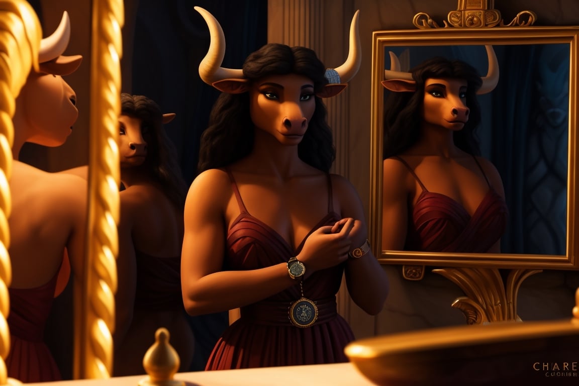 Ariadne (holds a mirror and watch her own face in the mirror:1.4) has her line cut inside the Minotaur maze:0.4, and she couldn't care less:0.2, for the only thing she wants is to admire her beautiful face and flawless skin in the pocked mirror:1.33, (holds a mirror, watches her face in the mirror):1.18, that she always brings with her. reaslitic mirror reflection of her face in accurate angle:1.22, real and reflected faces are very visible at viewer:1.15, dark fantasy, chiaroscuro but colorful, dramatic colors, mythological maze, awe and beauty, gods watch from sky, realistic holding a mirror movement, realistic admiring herself in the mirror movement, complex scene featuring Ariadne looking herself in the mirror with the minotaur maze around her and very farther the face of some powerful gods looking at her from the clouds masterpiece, ,photo r3al,Movie Still,Film Still,ColorART,Cinematic,Cinematic Shot,Cinematic Lighting,colorful,RING