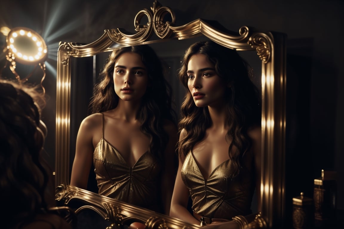 cinestill, Ariadne (holds a mirror and watch her own face in the mirror:1.4) has her line cut inside the Minotaur maze:0.4, and she couldn't care less:0.2, for the only thing she wants is to admire her beautiful face and flawless skin in the pocked mirror:1.33, (holds a mirror, watches her face in the mirror):1.18, that she always brings with her. reaslitic mirror reflection of her face in accurate angle:1.22, real and reflected faces are very visible at viewer:1.15, dark fantasy, chiaroscuro but colorful, dramatic colors, mythological maze, awe and beauty, gods watch from sky, realistic holding a mirror movement, realistic admiring herself in the mirror movement, complex scene featuring Ariadne looking herself in the mirror with the minotaur maze around her and very farther the face of some powerful gods looking at her from the clouds masterpiece, ,photo r3al,Movie Still,Film Still,ColorART,Cinematic,Cinematic Shot,Cinematic Lighting,colorful,RING