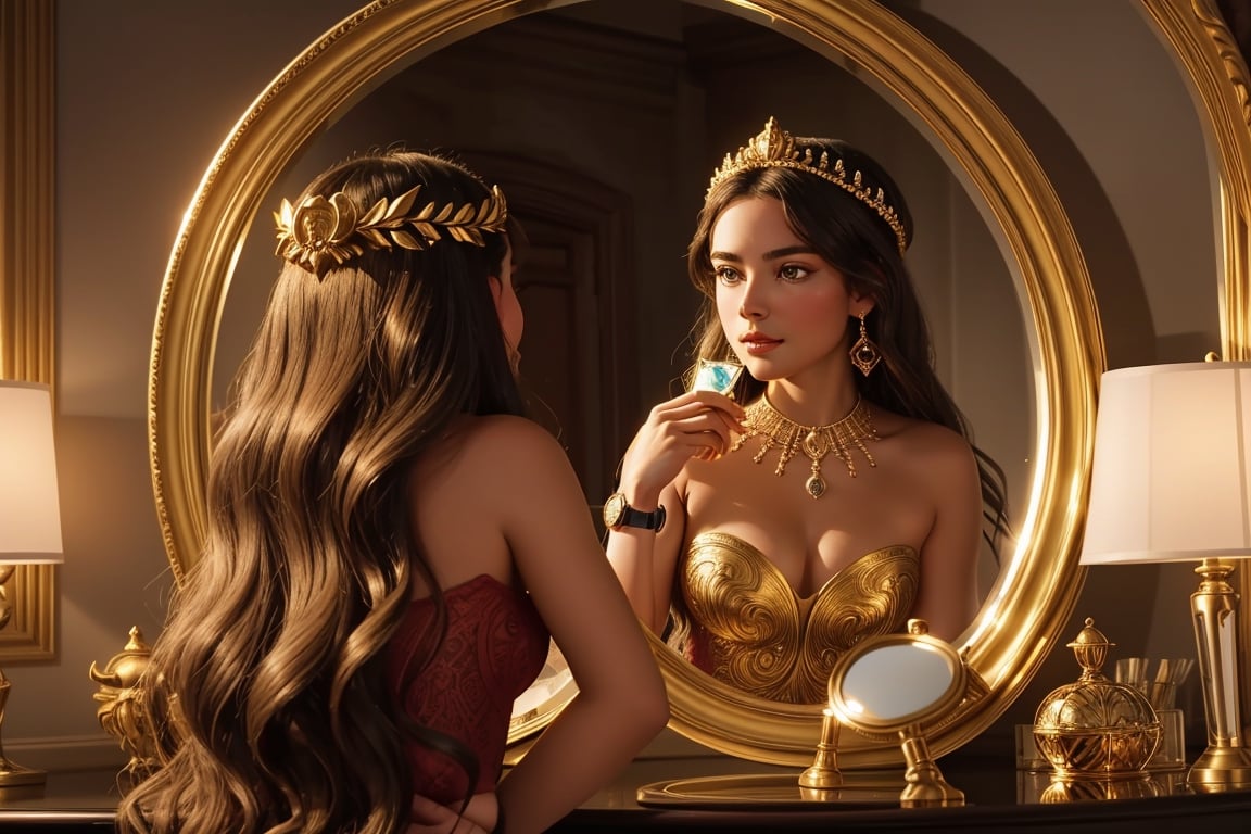 Ariadne (holds a mirror and watch her own face in the mirror:1.4) has her line cut inside the Minotaur maze:0.4, and she couldn't care less:0.2, for the only thing she wants is to admire her beautiful face and flawless skin in the pocked mirror:1.33, (holds a mirror, watches her face in the mirror):1.18, that she always brings with her. reaslitic mirror reflection of her face in accurate angle:1.22, real and reflected faces are very visible at viewer:1.15, dark fantasy, chiaroscuro but colorful, dramatic colors, mythological maze, awe and beauty, gods watch from sky, realistic holding a mirror movement, realistic admiring herself in the mirror movement, complex scene featuring Ariadne looking herself in the mirror with the minotaur maze around her and very farther the face of some powerful gods looking at her from the clouds masterpiece, ,photo r3al,Movie Still,Film Still,ColorART,Cinematic,Cinematic Shot,Cinematic Lighting,colorful,RING