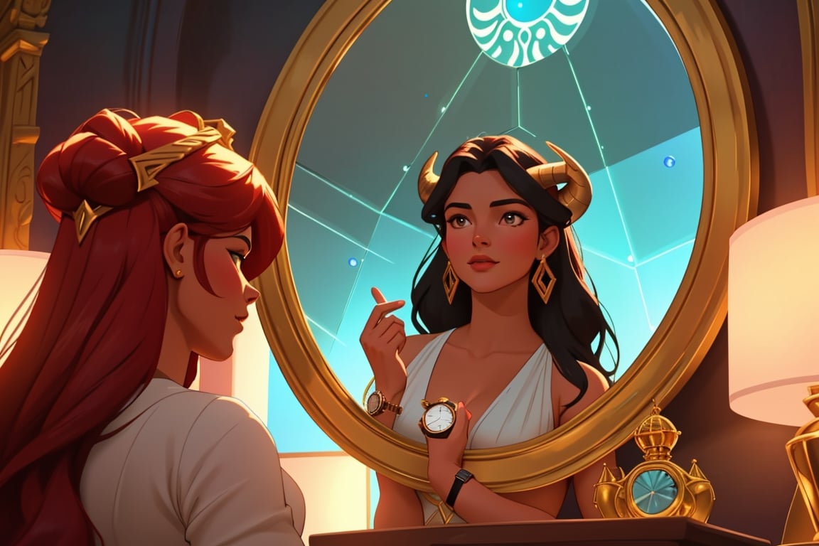 Ariadne (holds a mirror and watch her own face in the mirror:1.4) has her line cut inside the Minotaur maze:0.4, and she couldn't care less:0.2, for the only thing she wants is to admire her beautiful face and flawless skin in the pocked mirror:1.33, (holds a mirror, watches her face in the mirror):1.18, that she always brings with her. reaslitic mirror reflection of her face in accurate angle:1.22, real and reflected faces are very visible at viewer:1.15, dark fantasy, chiaroscuro but colorful, dramatic colors, mythological maze, awe and beauty, gods watch from sky, realistic holding a mirror movement, realistic admiring herself in the mirror movement, complex scene featuring Ariadne looking herself in the mirror with the minotaur maze around her and very farther the face of some powerful gods looking at her from the clouds masterpiece, ,photo r3al,Movie Still,Film Still,ColorART,Cinematic,Cinematic Shot,Cinematic Lighting,colorful,RING