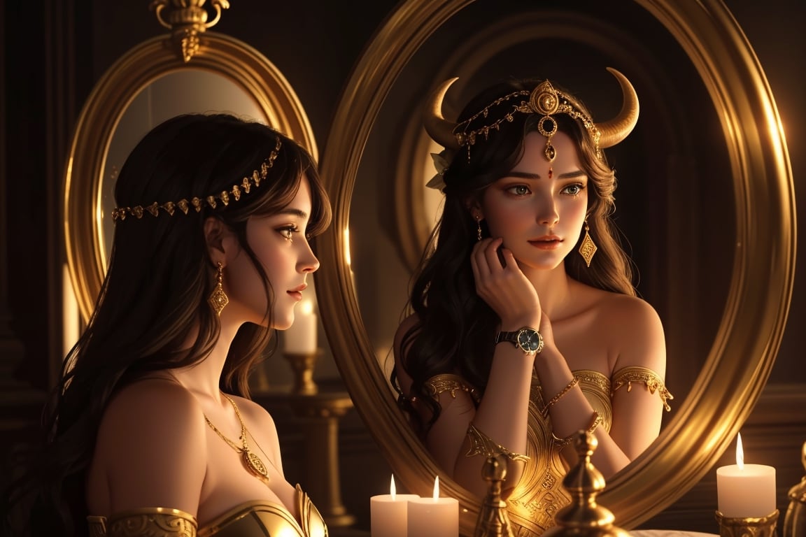 Ariadne (holds a mirror and watch her own face in the mirror:1.4) has her line cut inside the Minotaur maze:0.4, and she couldn't care less:0.2, for the only thing she wants is to admire her beautiful face and flawless skin in the pocked mirror:1.33, (holds a mirror, watches her face in the mirror):1.18, that she always brings with her. reaslitic mirror reflection of her face in accurate angle:1.22, real and reflected faces are very visible at viewer:1.15, dark fantasy, chiaroscuro but colorful, dramatic colors, mythological maze, awe and beauty, gods watch from sky, realistic holding a mirror movement, realistic admiring herself in the mirror movement, complex scene featuring Ariadne looking herself in the mirror with the minotaur maze around her and very farther the face of some powerful gods looking at her from the clouds masterpiece, ,photo r3al,Movie Still,Film Still,ColorART,Cinematic,Cinematic Shot,Cinematic Lighting,colorful,RING