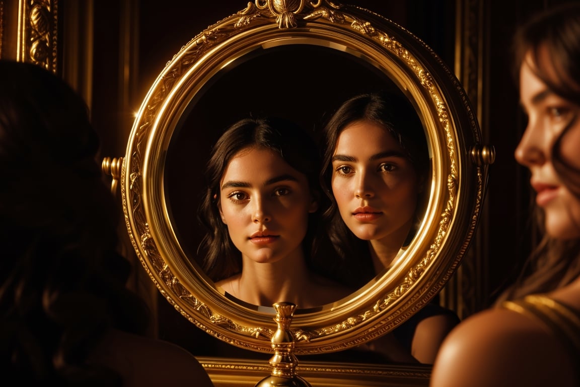 Ariadne (holds a mirror and watch her own face in the mirror:1.4) has her line cut inside the Minotaur maze:0.4, and she couldn't care less:0.2, for the only thing she wants is to admire her beautiful face and flawless skin in the pocked mirror:1.33, (holds a mirror, watches her face in the mirror):1.18, that she always brings with her. reaslitic mirror reflection of her face in accurate angle:1.22, real and reflected faces are very visible at viewer:1.15, dark fantasy, chiaroscuro but colorful, dramatic colors, mythological maze, awe and beauty, gods watch from sky, realistic holding a mirror movement, realistic admiring herself in the mirror movement, complex scene featuring Ariadne looking herself in the mirror with the minotaur maze around her and very farther the face of some powerful gods looking at her from the clouds masterpiece, ,photo r3al,Movie Still,Film Still,ColorART,Cinematic,Cinematic Shot,Cinematic Lighting,colorful,RING