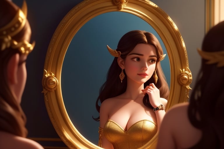 Ariadne (holds a mirror and watch her own face in the mirror:1.4) has her line cut inside the Minotaur maze:0.4, and she couldn't care less:0.2, for the only thing she wants is to admire her beautiful face and flawless skin in the pocked mirror:1.33, (holds a mirror, watches her face in the mirror):1.18, that she always brings with her. reaslitic mirror reflection of her face in accurate angle:1.22, real and reflected faces are very visible at viewer:1.15, dark fantasy, chiaroscuro but colorful, dramatic colors, mythological maze, awe and beauty, gods watch from sky, realistic holding a mirror movement, realistic admiring herself in the mirror movement, complex scene featuring Ariadne looking herself in the mirror with the minotaur maze around her and very farther the face of some powerful gods looking at her from the clouds masterpiece, ,photo r3al,Movie Still,Film Still,ColorART,Cinematic,Cinematic Shot,Cinematic Lighting,colorful,RING