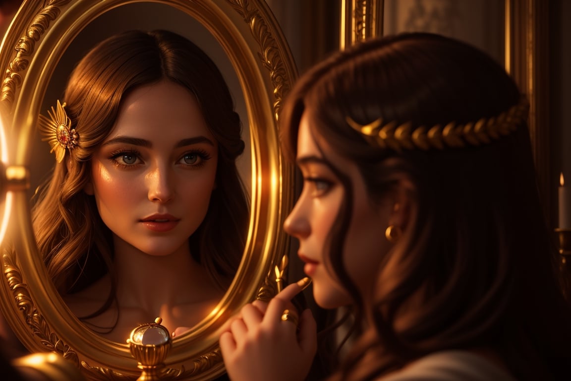 cinestill, Ariadne (holds a mirror and watch her own face in the mirror:1.4) has her line cut inside the Minotaur maze:0.4, and she couldn't care less:0.2, for the only thing she wants is to admire her beautiful face and flawless skin in the pocked mirror:1.33, (holds a mirror, watches her face in the mirror):1.18, that she always brings with her. reaslitic mirror reflection of her face in accurate angle:1.22, real and reflected faces are very visible at viewer:1.15, dark fantasy, chiaroscuro but colorful, dramatic colors, mythological maze, awe and beauty, gods watch from sky, realistic holding a mirror movement, realistic admiring herself in the mirror movement, complex scene featuring Ariadne looking herself in the mirror with the minotaur maze around her and very farther the face of some powerful gods looking at her from the clouds masterpiece, ,photo r3al,Movie Still,Film Still,ColorART,Cinematic,Cinematic Shot,Cinematic Lighting,colorful,RING