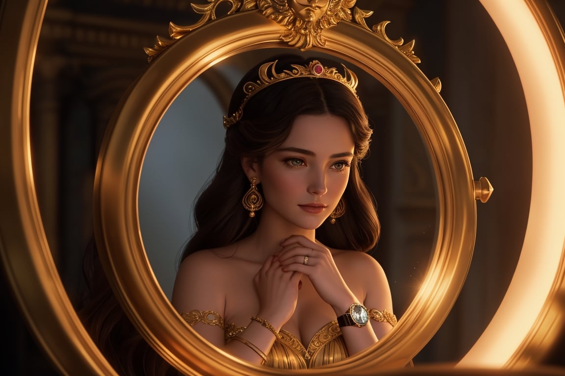 cinestill, Ariadne (holds a mirror and watch her own face in the mirror:1.4) has her line cut inside the Minotaur maze:0.4, and she couldn't care less:0.2, for the only thing she wants is to admire her beautiful face and flawless skin in the pocked mirror:1.33, (holds a mirror, watches her face in the mirror):1.18, that she always brings with her. reaslitic mirror reflection of her face in accurate angle:1.22, real and reflected faces are very visible at viewer:1.15, dark fantasy, chiaroscuro but colorful, dramatic colors, mythological maze, awe and beauty, gods watch from sky, realistic holding a mirror movement, realistic admiring herself in the mirror movement, complex scene featuring Ariadne looking herself in the mirror with the minotaur maze around her and very farther the face of some powerful gods looking at her from the clouds masterpiece, ,photo r3al,Movie Still,Film Still,ColorART,Cinematic,Cinematic Shot,Cinematic Lighting,colorful,RING