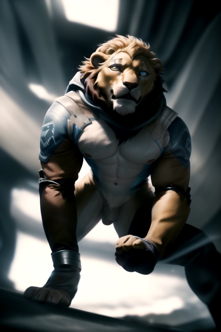 (best quality, high quality):1.3, a antho-lion man wearing male scifi outfit fighting bravely, realistic combat pose:1.3, holds weapon, solo, realistic hold katana movement, symmetric lion head face, realistic fur and mane with dynamic movement, dynamic view, colorful, very clear, very smooth, indoors, absurdres, intricate, real life, perfect lionman anatomy, accurate paws and tail, cinestill, ,weapon,Volibear/(League of Legends), (male only:1.4), (male clothes only:2),High detailed 