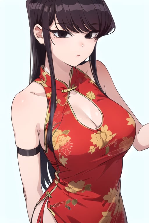 Shoko Komi, (Black hair, long loose hair, black hair, bangs:1.2), (Black eyes, shiny black eyes:1.3), extremely detailed face, perfect lighting, extremely detailed CG, (perfect hands, perfect anatomy), busty, red chinese dress


