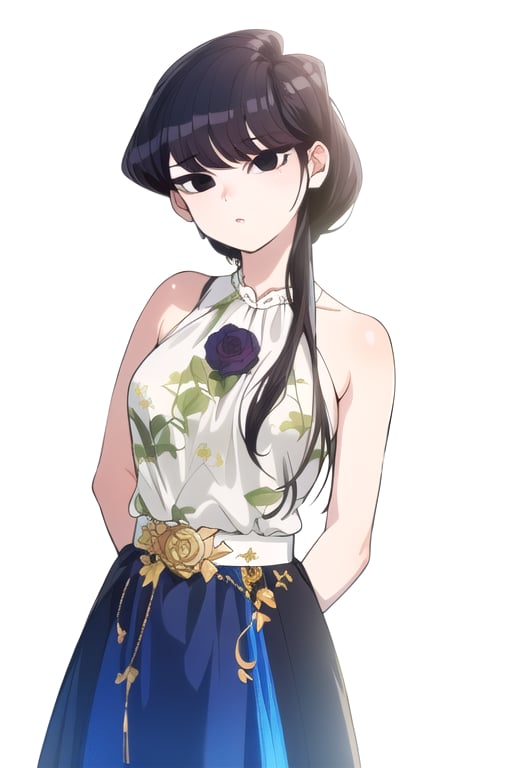 Shoko Komi, (Black hair, long loose hair, black hair, bangs:1.2), (Black eyes, shiny black eyes:1.3), extremely detailed face, perfect lighting, extremely detailed CG, (perfect hands, perfect anatomy), busty, white blouse, gold details, arms behind




