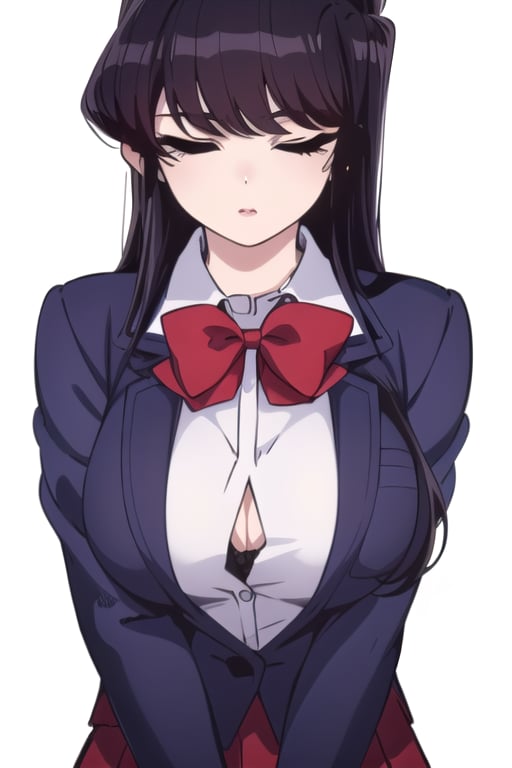 Shoko Komi, (Black hair, long loose hair, black hair, bangs:1.2), (Black eyes, shiny black eyes:1.3), extremely detailed face, perfect lighting, extremely detailed CG, (perfect hands, perfect anatomy), busty, school uniform, eyes closed






