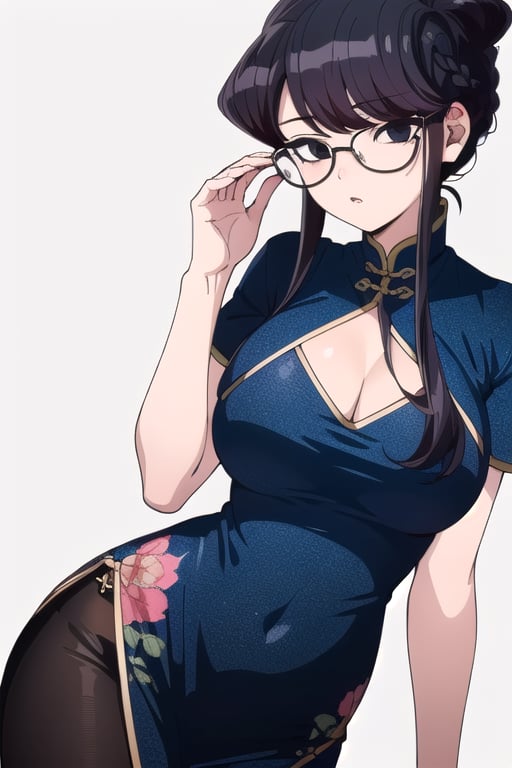 Shoko Komi, (Black hair, long loose hair, black hair, bangs:1.2), (Black eyes, shiny black eyes:1.3), extremely detailed face, perfect lighting, extremely detailed CG, (perfect hands, perfect anatomy), busty, glasses, blue chinese dress


