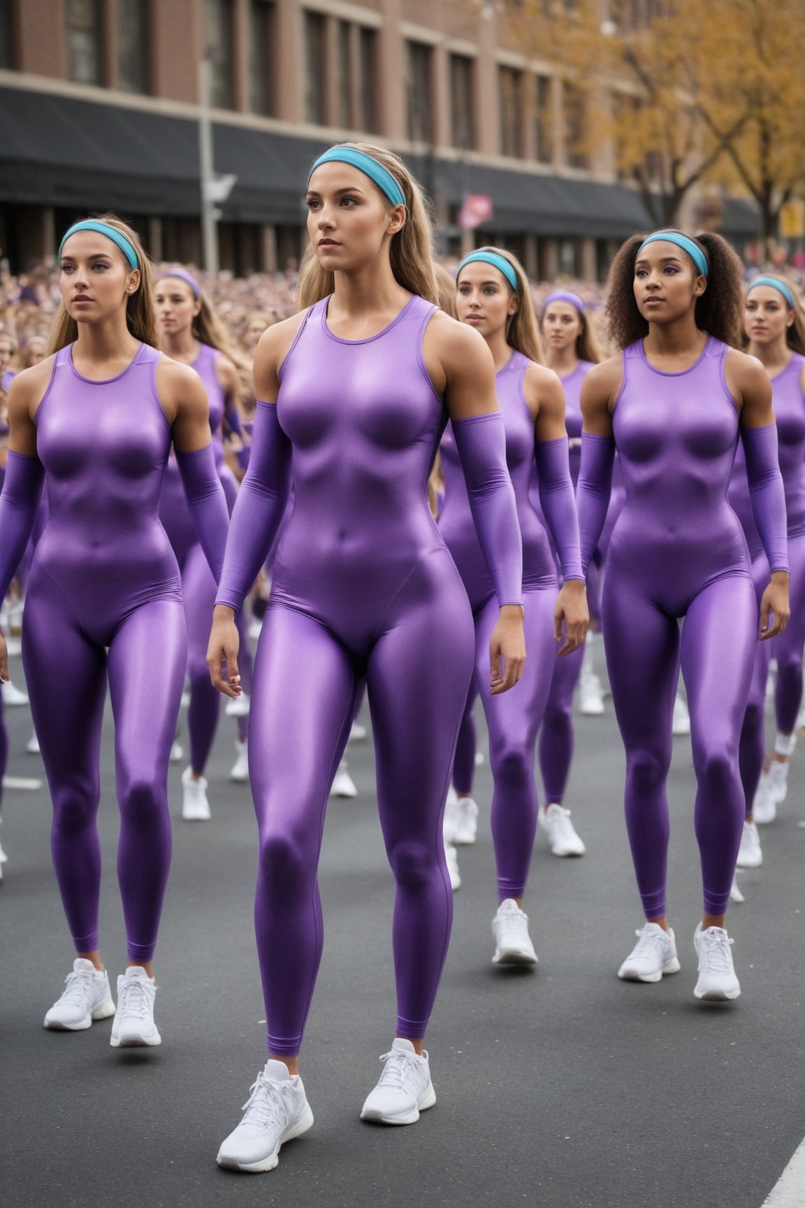 Generate hyper realistic 8K image of a few beautyful athletic strong crossfit girls, 18 y.o., (5girls), team dancers, (wearing (skin-tight, ultra-tight:1.2) shiny purple plain solid shiny lycra spandex biflex (unitard:1.2), (seamless), (one-piece), (ultra-thin:1.3), four sizes too small), (sheer), sneakers, (socks), (various hairstyles), (very small breasts), (muscular fat legs:1.2), (wide round hips, full calves), sculpted feminine figure, (they are prancing in the ((crowded)) university's parade, outdoors, (marching band)), daylight,), (cameltoe),  makeup, (pompoms:1.2), (nude), waist level shot, (side view, side shot:1.2) ,a3robic,80s aerobic outfit