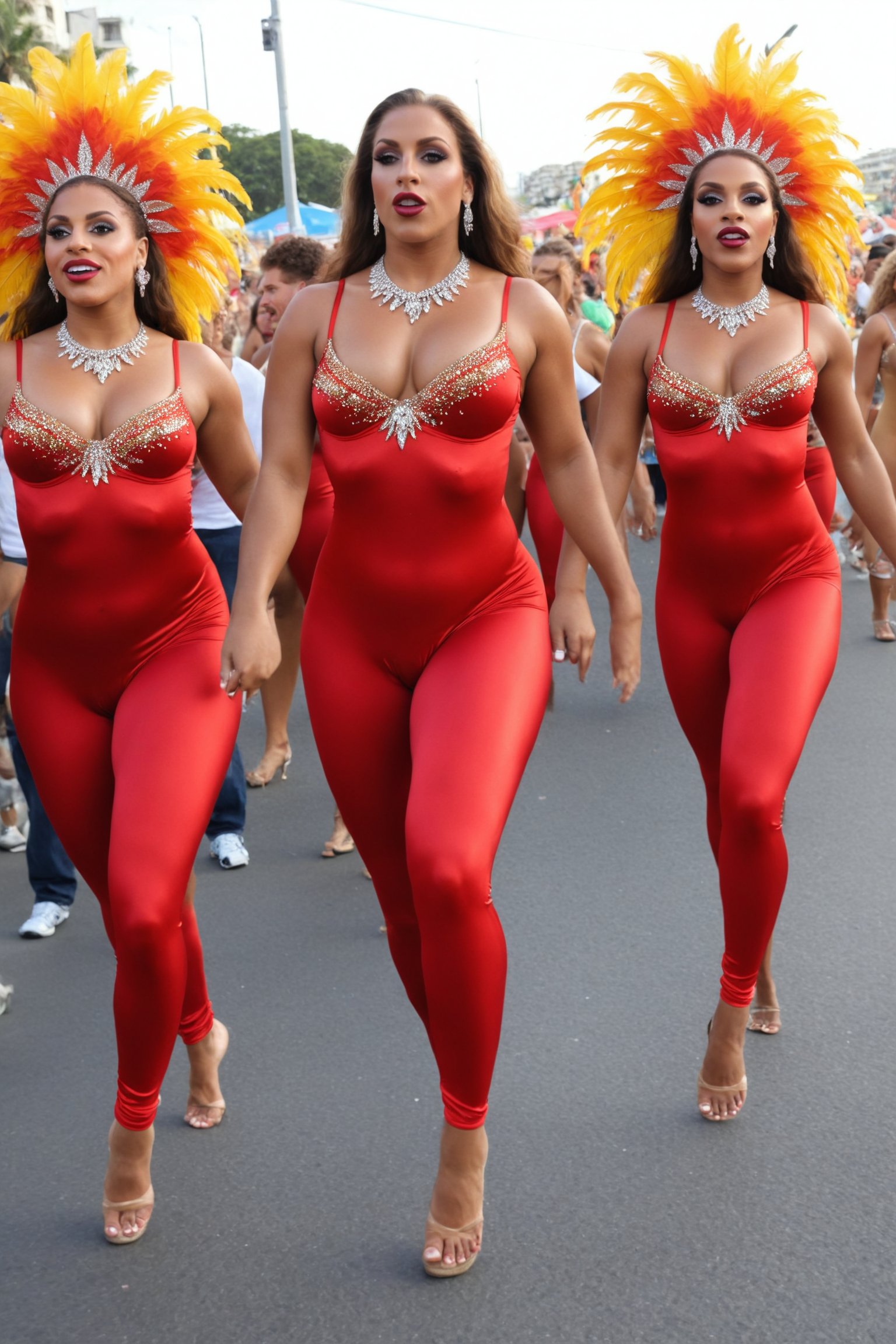 Generate hyper realistic 8K image of a few beautyful girls, (Brazilian samba dancers), (few_girls:1.2),18 y.o., (they wearing glossy (scarlett:1.1) ultra-tight_fitting seamless satin-spandex sleeveless tank catsuits, 4-way_stretchy ultra-thin shiny biflex, nylon, soft-shine, looking like bodypaint:1.2), brightly featured, (they are dancing samba on crowded Rio carnival, Brazil, sunlight). High heels, bright makeup, , naked, (fat:0.5), (strong, athletic), (topless), big full lips, brown eyes, looking off the camera, excited, aroused, (athletic strong muscular figures with strong legs), (very small flat breasts), full hips, tight butts, abs. (Jewelry, bijou,:1.2), (Full body shot:1.2), Plan Catsuit,bigger_female,large_muscles