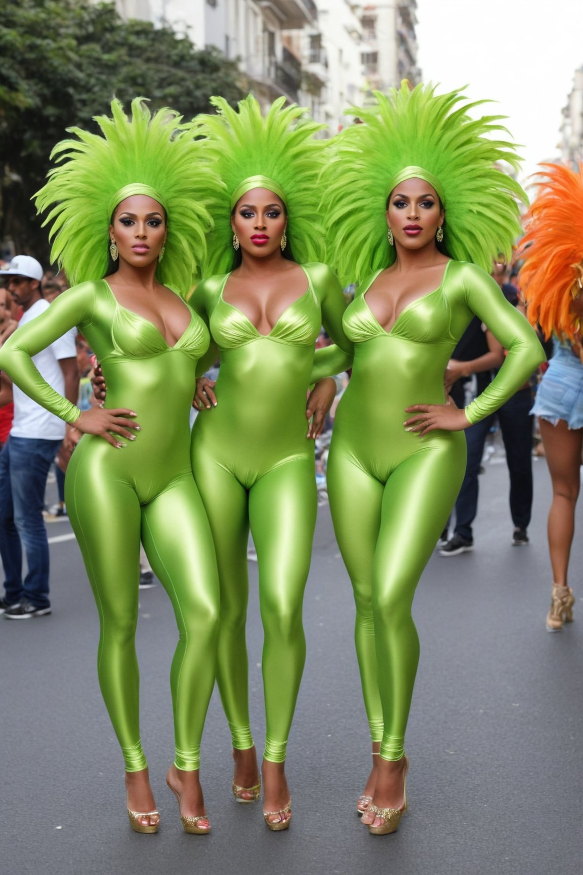 Generate hyper realistic 8K image of a few beautyful girls, (Brazilian samba dancers), (few_girls:1.2),18 y.o., (they wearing glossy (lime:1.1) ultra-tight_fitting seamless satin-spandex plain catsuits, 4-way_stretchy ultra-thin shiny biflex, nylon, soft-shine, looking like bodypaint:1.2), brightly featured, (they are dancing samba on crowded Rio carnival, Brazil, sunlight). High heels, bright makeup, (fat:0.5), (strong, athletic), excited, aroused, (athletic strong muscular figures with strong legs), (very small flat breasts), full hips, tight butts, abs. (Jewelry, bijou,:1.2), (Full body shot:1.2), Plan Catsuit,bigger_female,large_muscles