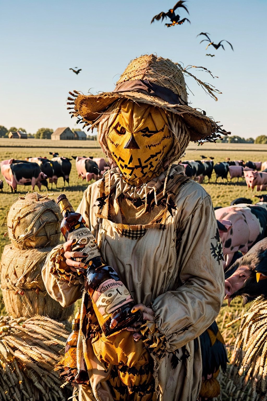 ((((farm pigs dressed as scarecrows)))), ((((tractor and crows in background)))), ((((Tennessee Whiskey bottle)))), ((((cows dressed as scarecrows at farm party)))), masterpiece, ((((Scarecrow made of straw and used clothes drinking Tennessee Whiskey with a hyper-realistic naked attractive blonde scarecrow)))), side posture, full body, visible faces of scarecrow, detailed straw face of the scarecrow, no masks, 