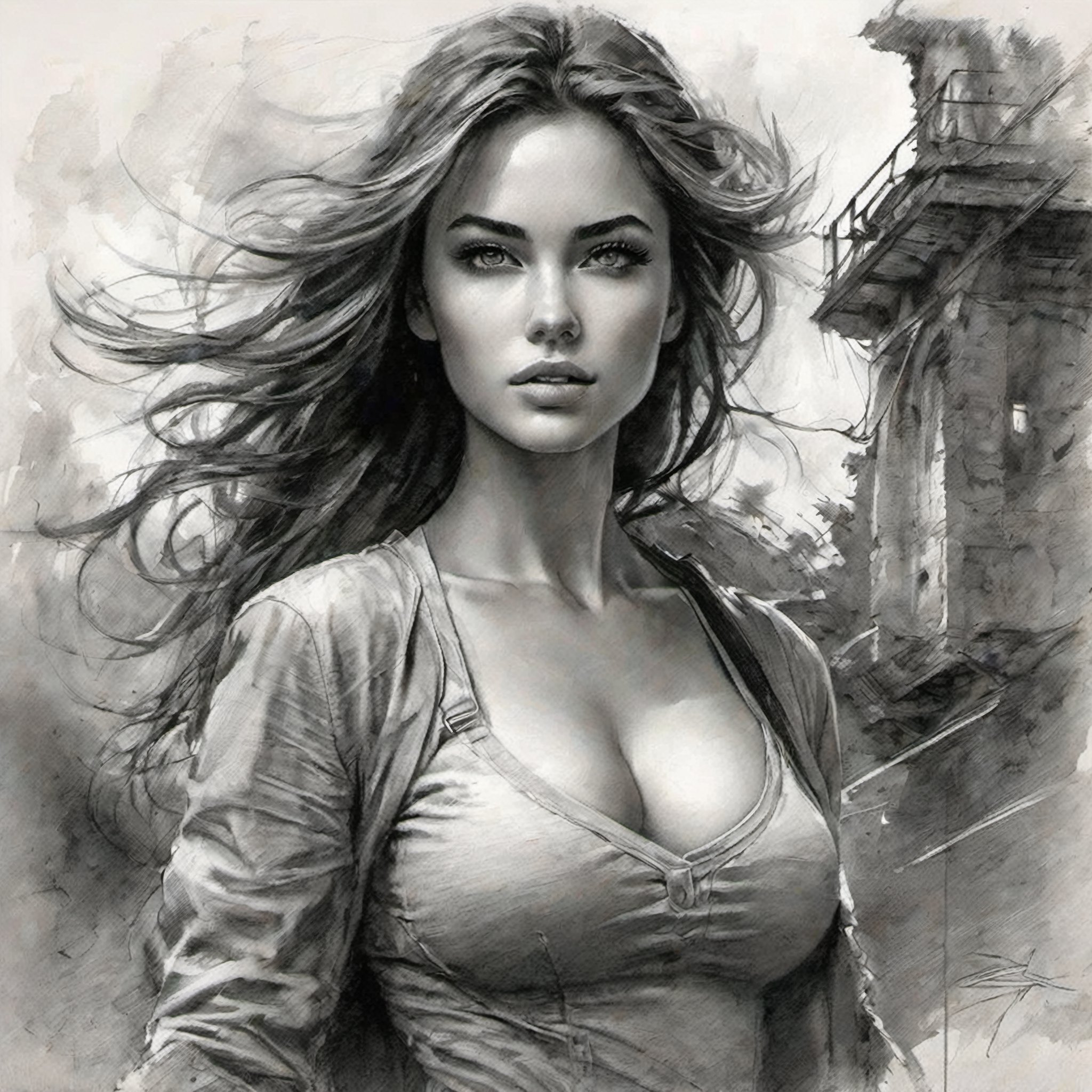 Intricate action film, (((atmosphere of war zone ruins))), portrait of a very beautiful girl, cleavage, bottom-up view, in motion, strong wind, cinematography, raw photography, pencil, oil paint,
Grzegorz Rosiński, Gabriele Dell'otto, pencil sketch,pencil sketch