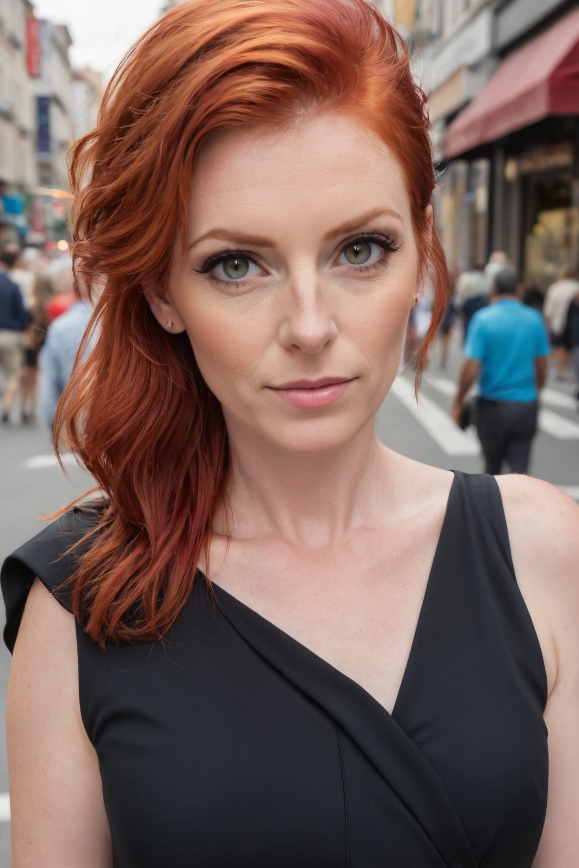 a mature woman with red hair wearing a black dress in front of a busy street and looking at the camera, medium close-up shot