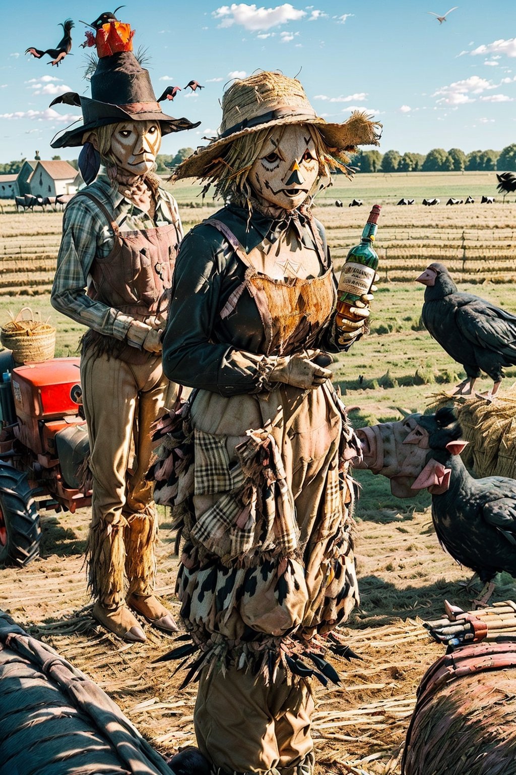 ((((farm pig scarecrow)))), ((((cow scarecrows at farm party)))), ((((tractor and crows in background)))), ((((Tennessee Whiskey bottle)))), masterpiece, ((((Scarecrow made of straw and used clothes drinking Tennessee Whiskey with a hyper-realistic naked attractive blonde scarecrow)))), side posture, full body, visible faces of scarecrow, detailed straw face of the scarecrow, no masks, 