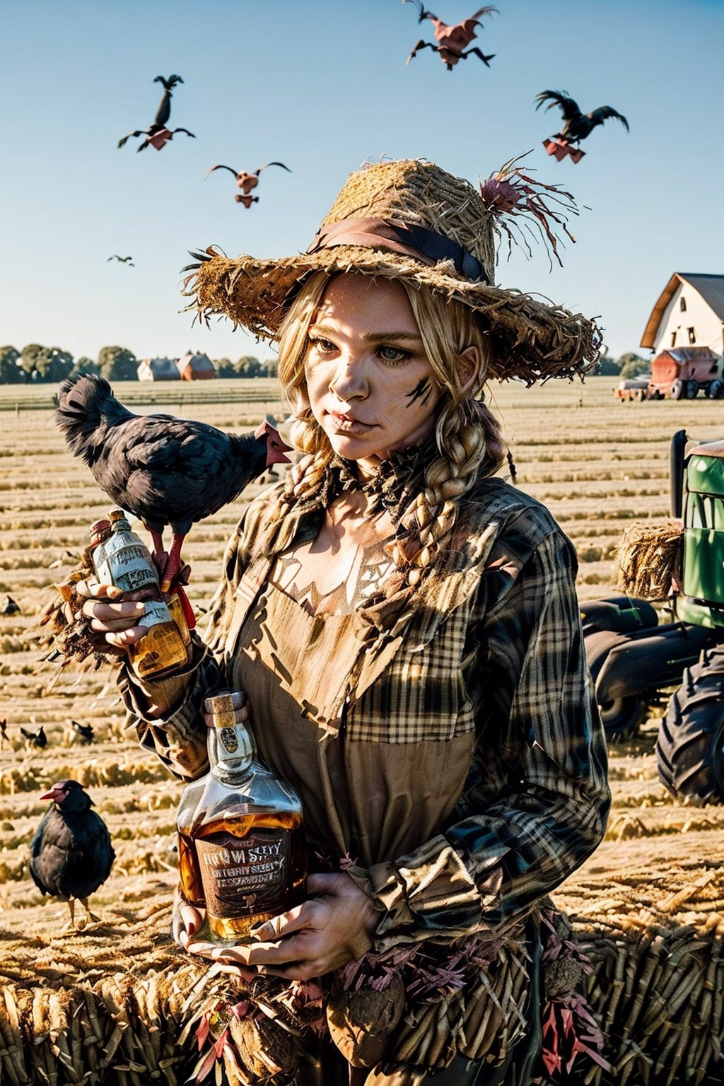 ((((farm pig scarecrow)))), ((((cow scarecrows at farm party)))), ((((tractor and crows in background)))), ((((Tennessee Whiskey bottle)))), masterpiece, ((((Scarecrow made of straw and used clothes drinking Tennessee Whiskey with a hyper-realistic naked attractive blonde scarecrow)))), side posture, full body, visible faces of scarecrow, detailed straw face of the scarecrow, no masks, 