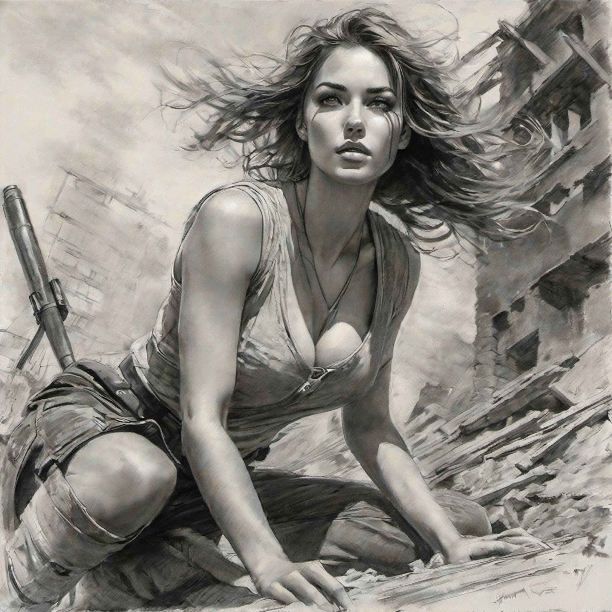 Intricate action film, (((atmosphere of war zone ruins))), portrait of a very beautiful girl, cleavage, bottom-up view, in motion, strong wind, cinematography, raw photography, pencil, oil paint,
Grzegorz Rosiński, Gabriele Dell'otto, pencil sketch,pencil sketch