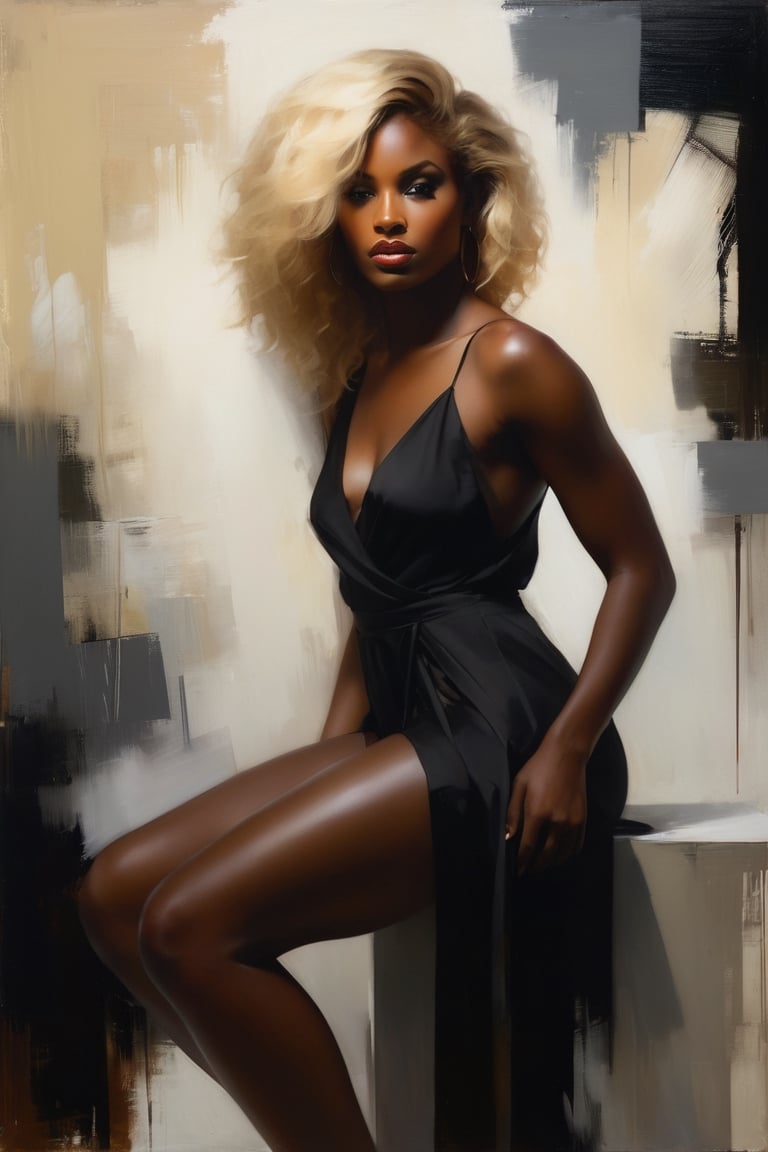 head to thigh shot, Casey Baugh's evocative style, a beautiful and exciting black woman,  captivating, allurring. flowing blonde hair,  Baugh's brushwork infuses the painting highlighting the girl's womanly curves and contrasting them against a backdrop of rich hues.  artwork, creating a beautiful portrayal of this beautiful lady , nsfw, 