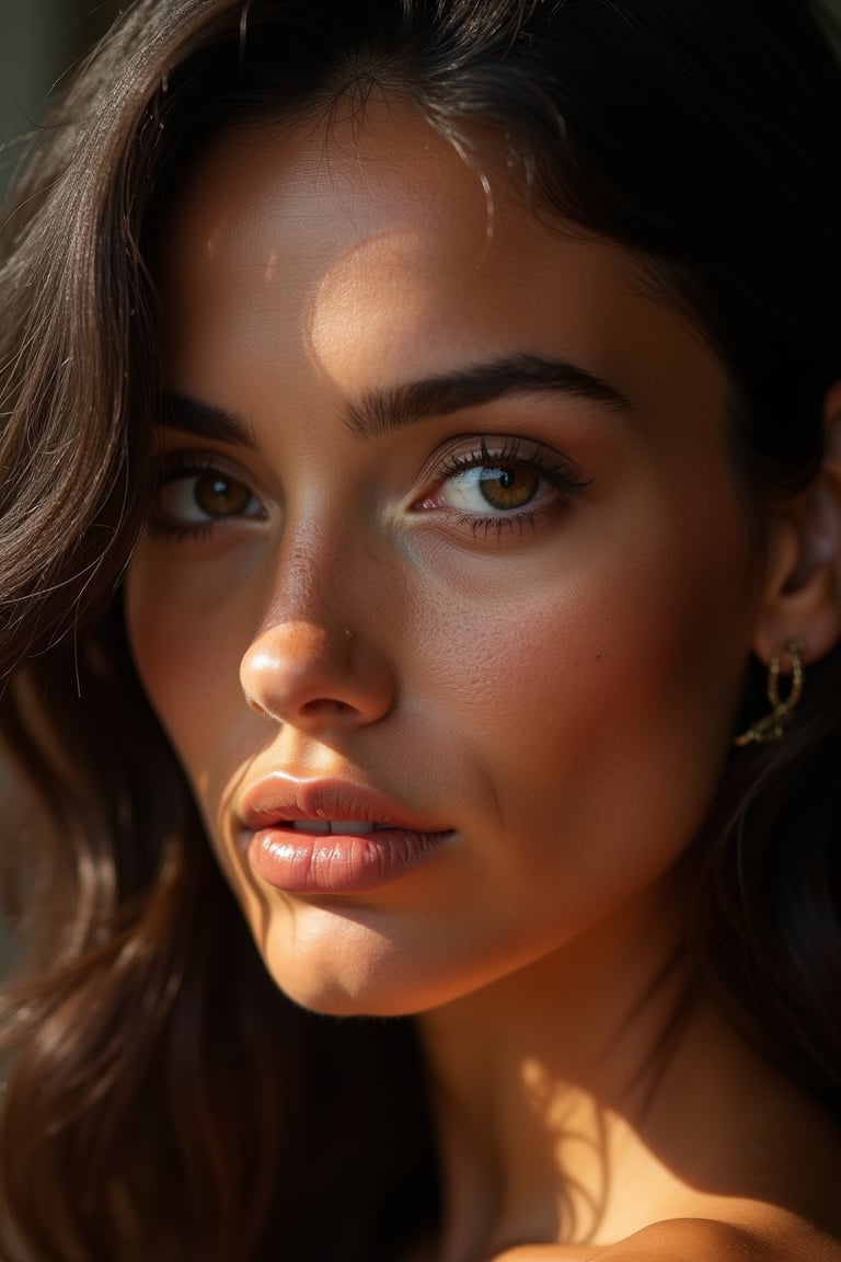 Glamour photograph of a 28 yo West Slavic black woman, with warm eyes, glossy skin, and natural makeup. The skin pores and skin texture are clearly visible and in focus.