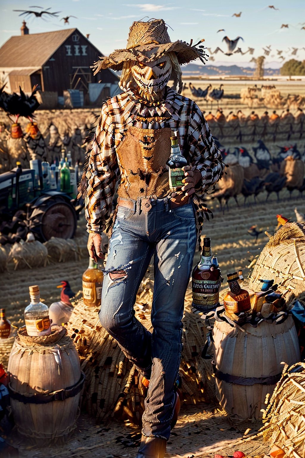 ((((drunk male scarecrows wearing jeans)))), ((((tractor and crows in background)))), ((((Large Tennessee Whiskey bottle)))), ((((many scarecrows at farm party)))), masterpiece, ((((Scarecrow made of straw and used clothes drinking Tennessee Whiskey with a hyper-realistic naked attractive blonde woman)))), side posture, full body, visible faces of scarecrow, detailed straw face of the scarecrow, no masks, 