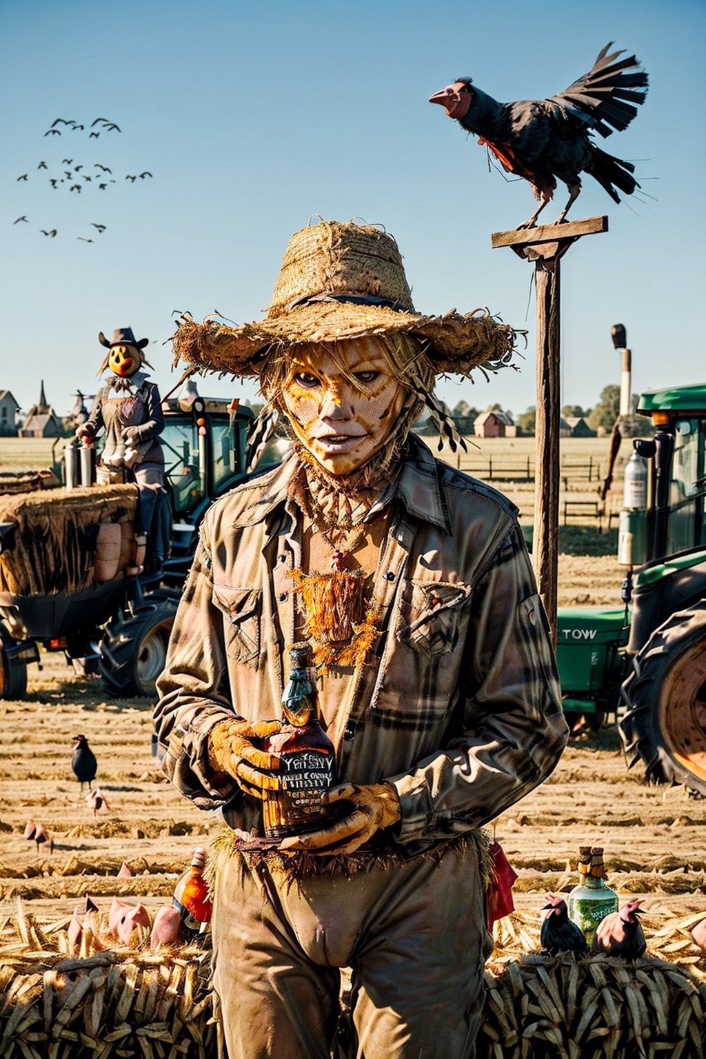 ((((farm pig scarecrow)))), ((((cow scarecrows at farm party)))), ((((tractor and crows in background)))), ((((Tennessee Whiskey bottle)))), masterpiece, ((((Scarecrow made of straw and used clothes drinking Tennessee Whiskey with a hyper-realistic naked attractive blonde scarecrow)))), side posture, full body, visible faces of scarecrow, detailed straw face of the scarecrow, no masks, 