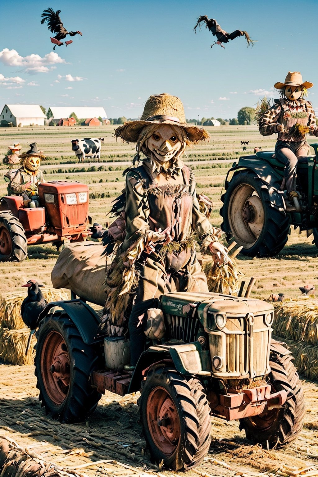 ((((farm pig scarecrow)))), ((((cow scarecrows at farm party)))), ((((tractor and crows in background)))), ((((Tennessee Whiskey bottle)))), masterpiece, ((((Scarecrow made of straw and used clothes drinking Tennessee Whiskey with a hyper-realistic naked attractive blonde scarecrow)))), side posture, full body, visible faces of scarecrow, detailed straw face of the scarecrow, no masks, 