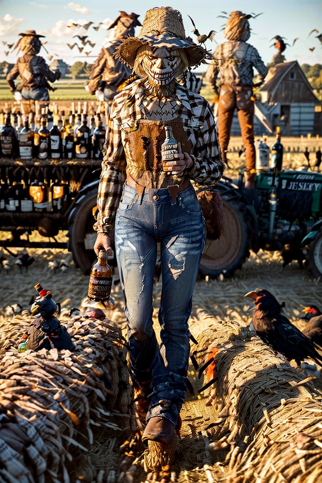 ((((drunk male scarecrows wearing jeans)))), ((((tractor and crows in background)))), ((((Large Tennessee Whiskey bottle)))), ((((many scarecrows at farm party)))), masterpiece, ((((Scarecrow made of straw and used clothes drinking Tennessee Whiskey with a hyper-realistic naked attractive blonde woman)))), side posture, full body, visible faces of scarecrow, detailed straw face of the scarecrow, no masks, 