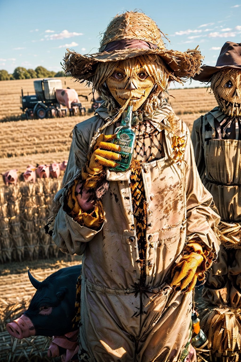 ((((farm pigs dressed as scarecrows)))), ((((tractor and crows in background)))), ((((Tennessee Whiskey bottle)))), ((((cows dressed as scarecrows at farm party)))), masterpiece, ((((Scarecrow made of straw and used clothes drinking Tennessee Whiskey with a hyper-realistic naked attractive blonde scarecrow)))), side posture, full body, visible faces of scarecrow, detailed straw face of the scarecrow, no masks, 