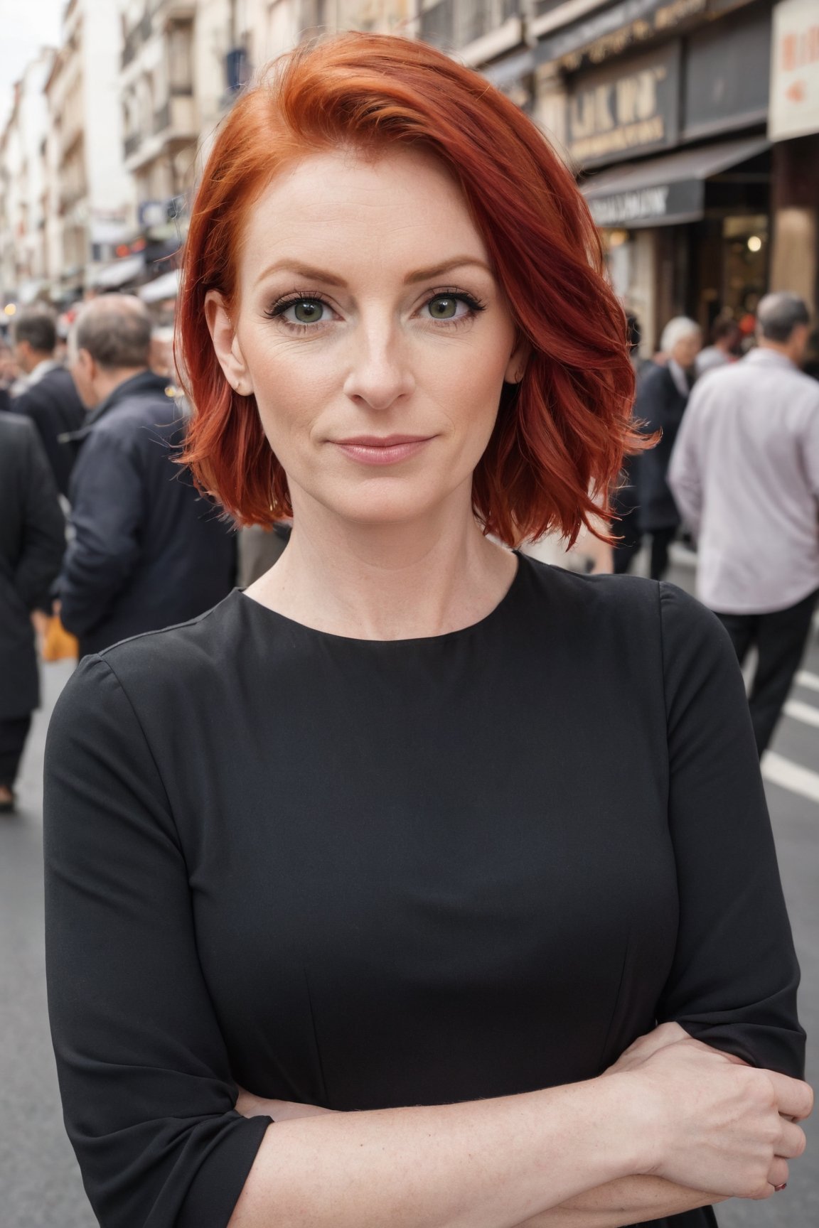 a mature woman with red hair wearing a black dress in front of a busy street and looking at the camera, medium close-up shot