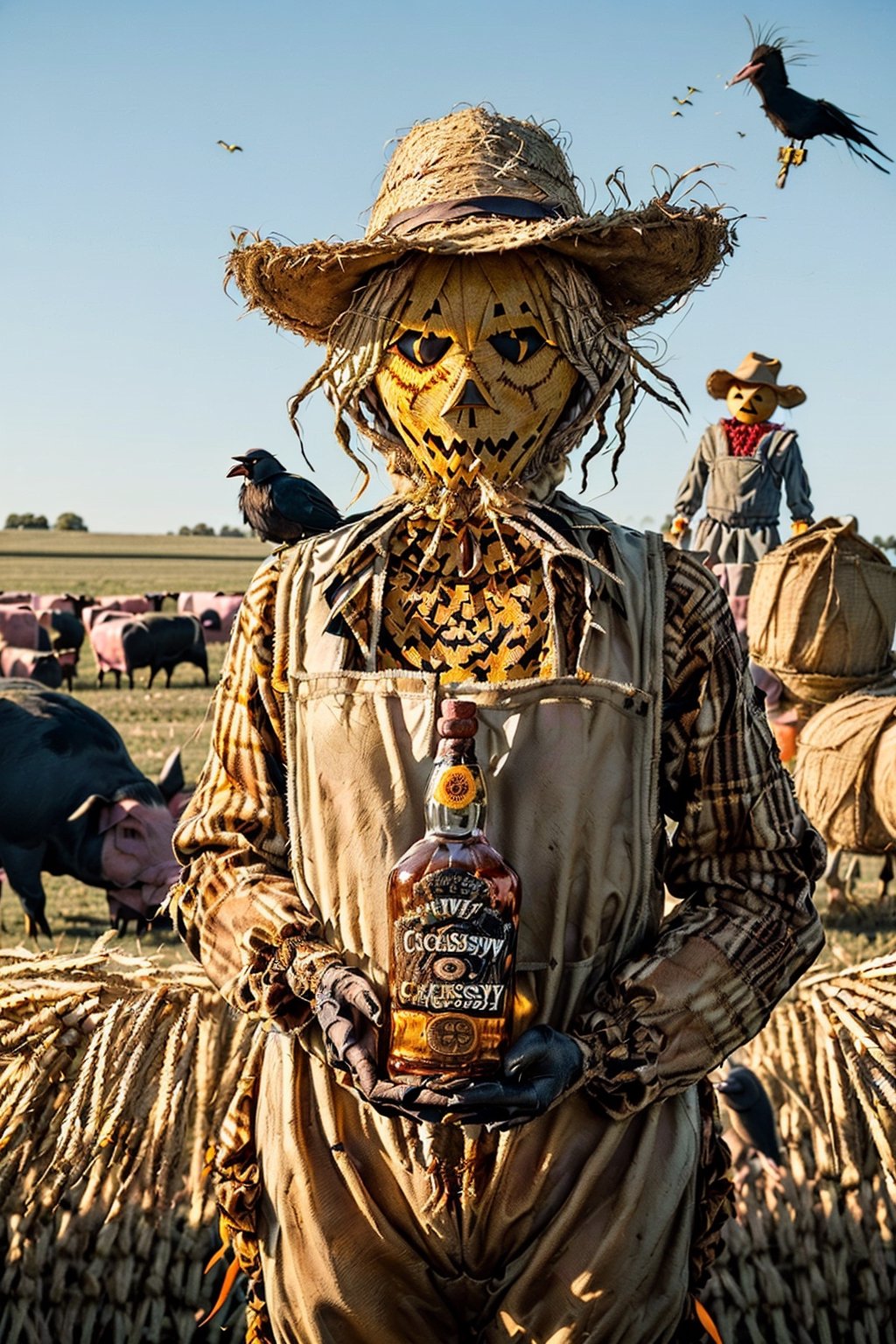 ((((farm pigs dressed as scarecrows)))), ((((tractor and crows in background)))), ((((Tennessee Whiskey bottle)))), ((((cows dressed as scarecrows at farm party)))), masterpiece, ((((Scarecrow made of straw and used clothes drinking Tennessee Whiskey with a hyper-realistic naked attractive blonde scarecrow)))), side posture, full body, visible faces of scarecrow, detailed straw face of the scarecrow, no masks, 