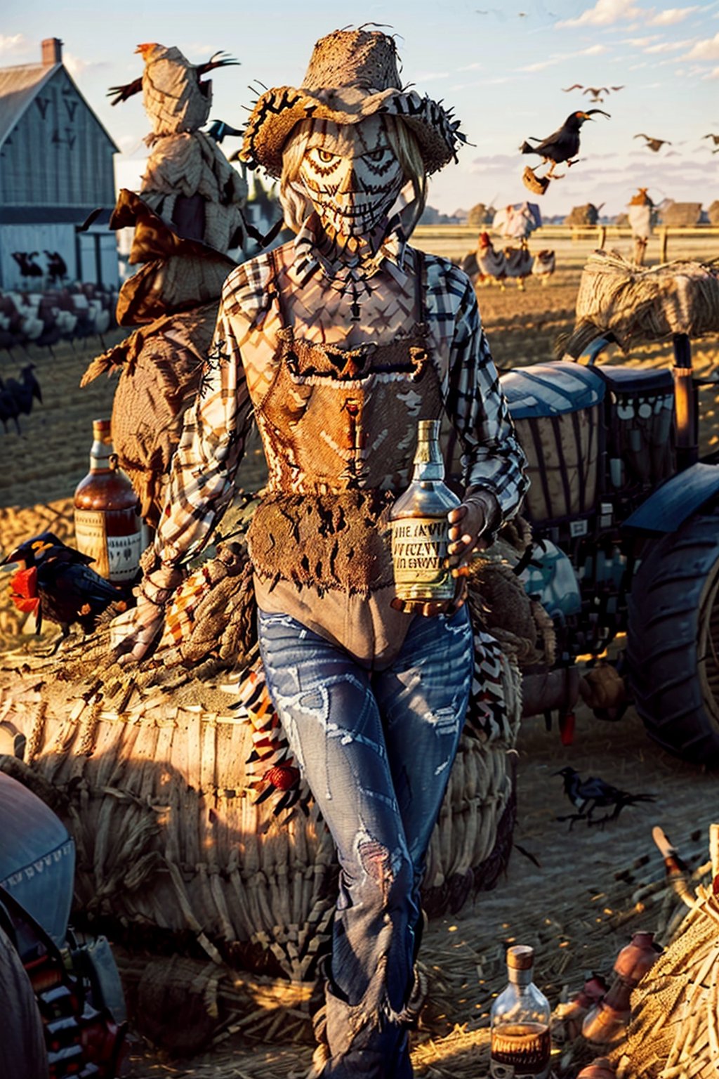 ((((drunk male scarecrows wearing jeans)))), ((((tractor and crows in background)))), ((((Large Tennessee Whiskey bottle)))), ((((many scarecrows at farm party)))), masterpiece, ((((Scarecrow made of straw and used clothes drinking Tennessee Whiskey with a hyper-realistic naked attractive blonde woman)))), side posture, full body, visible faces of scarecrow, detailed straw face of the scarecrow, no masks, 