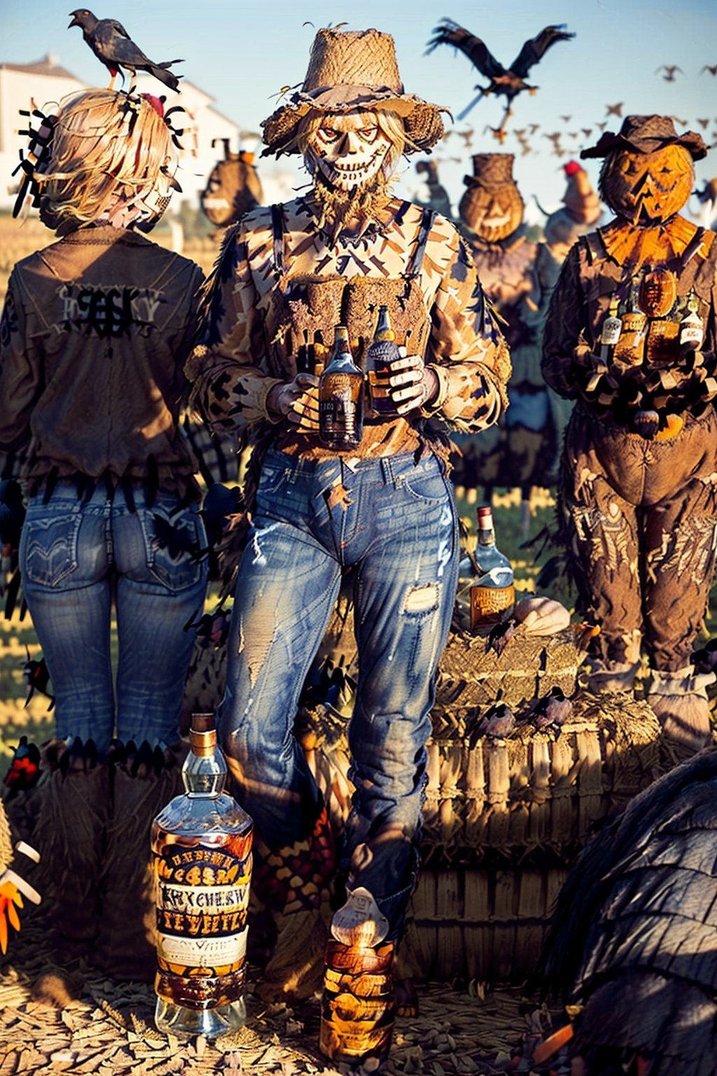 ((((drunk male scarecrows wearing jeans)))), ((((tractor and crows in background)))), ((((Large Tennessee Whiskey bottle)))), ((((many scarecrows at farm party)))), masterpiece, ((((Scarecrow made of straw and used clothes drinking Tennessee Whiskey with a hyper-realistic naked attractive blonde woman)))), side posture, full body, visible faces of scarecrow, detailed straw face of the scarecrow, no masks, 