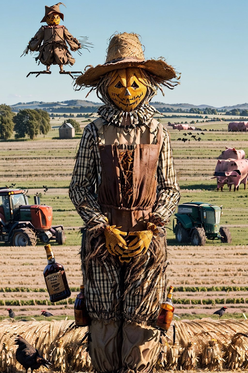 ((((farm pigs dressed as scarecrows)))), ((((tractor and crows in background)))), ((((Tennessee Whiskey bottle)))), ((((cows dressed as scarecrows at farm party)))), masterpiece, ((((Scarecrow made of straw and used clothes drinking Tennessee Whiskey with a hyper-realistic naked attractive blonde scarecrow)))), side posture, full body, visible faces of scarecrow, detailed straw face of the scarecrow, no masks, 