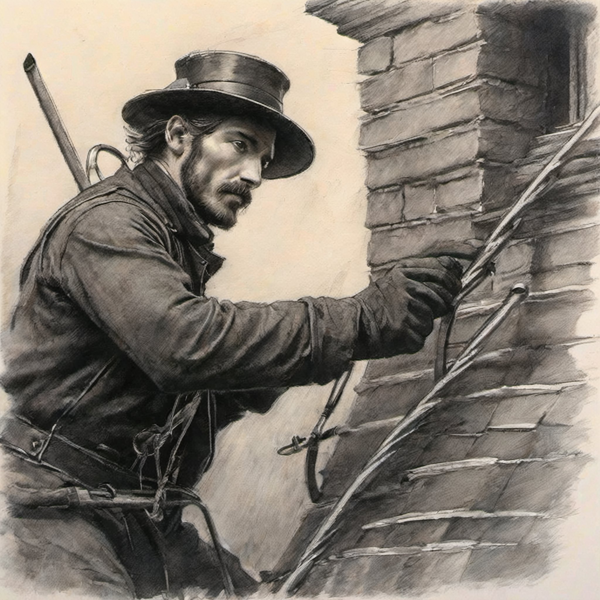 Intricate action film, portrait of a chimney sweep, working on roof, tools, rods and brushes, ladder, top hat and tails, in motion, cinematography, raw photography, pencil, oil paint,
Grzegorz Rosiński, Gabriele Dell'otto, pencil sketch,pencil sketch