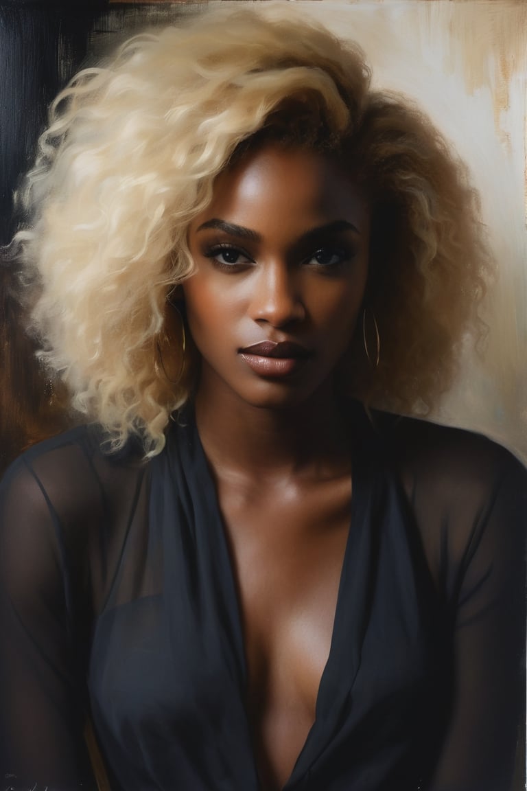 head to thigh shot, Casey Baugh's evocative style, a beautiful and exciting black woman,  captivating blend of mystery and allure. With piercing eyes and flowing blonde hair,  Baugh's brushwork infuses the painting highlighting the girl's delicate features and contrasting them against a backdrop of rich hues.  artwork, creating a beautiful portrayal of this beautiful lady , nsfw, 