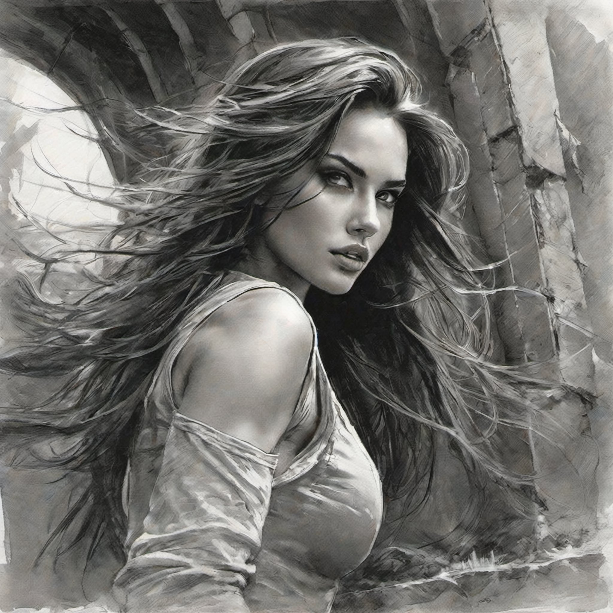 Intricate action film, (((atmosphere of war zone ruins))), portrait of a very beautiful girl, cleavage, bottom-up view, in motion, strong wind, cinematography, raw photography, pencil, oil paint,
Grzegorz Rosiński, Gabriele Dell'otto, pencil sketch,pencil sketch