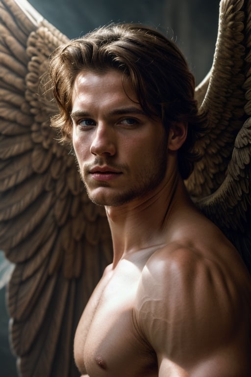 photorealistic portrait of a muscular male angel hiding behind his big wings, large wings, highly detailed portrait, atmospheric lighting, high quality, 4 k, by leonardo gallagher ich parrish, tom bagshaw, smooth, sharp focus, by gaston bussiere  and j