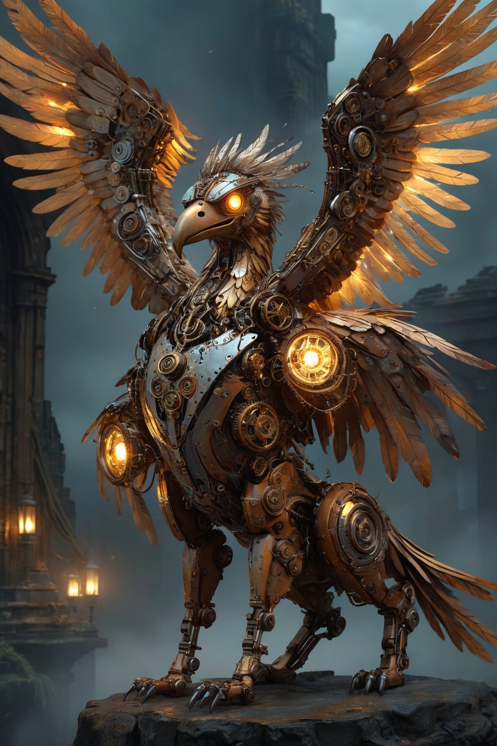 A griffin,made from gears rusted metal, and glowing parts, with its wings spread wide. The griffin's body is an intricate assembly of interlocking gears and corroded metal plates, giving it a rugged, industrial appearance. Its eyes and certain joints feature glowing, luminescent elements that pulse with an eerie light. The wings, constructed from overlapping metal feathers, are extended majestically, each feather adorned with tiny, glowing circuits. The background is a dark, misty landscape with hints of ancient ruins, enhancing the mythical and mechanical nature of this fantastical creature,adding to the steampunk atmosphere