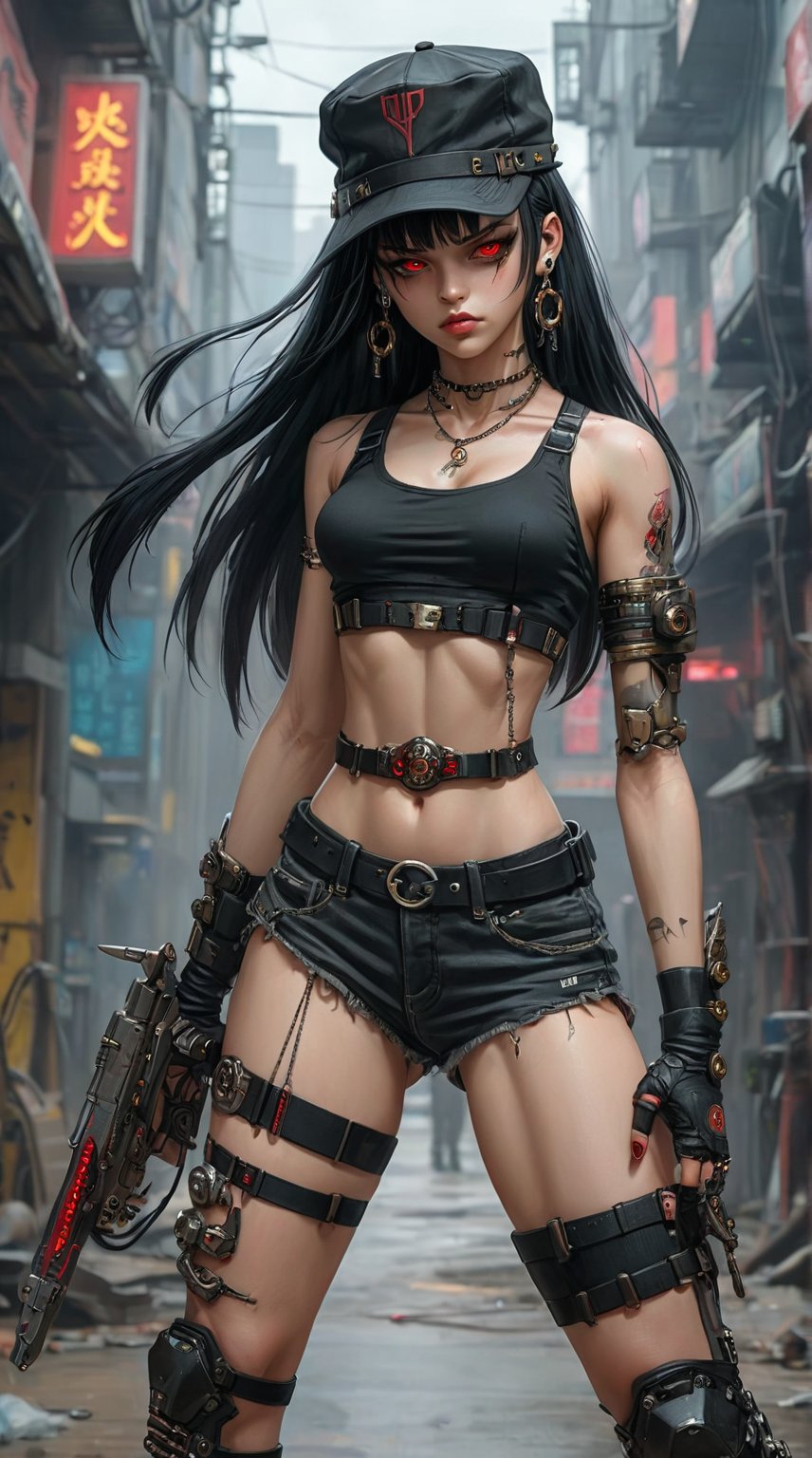 A cyberpunk warrior stands outdoors, gazing directly at the viewer with piercing red eyes. Her bangs frame her angular face as she wears a black shirt and black headwear, adorned with jewelry and earrings. A crop top exposes her midriff, paired with high-waisted shorts and black thighhighs featuring a skindentation and thigh strap. Her left arm is replaced by a mechanical prosthesis, while her right hand holds an additional single mechanical arm. Her long black hair falls behind her as she squats, wearing sneakers and exuding confidence.